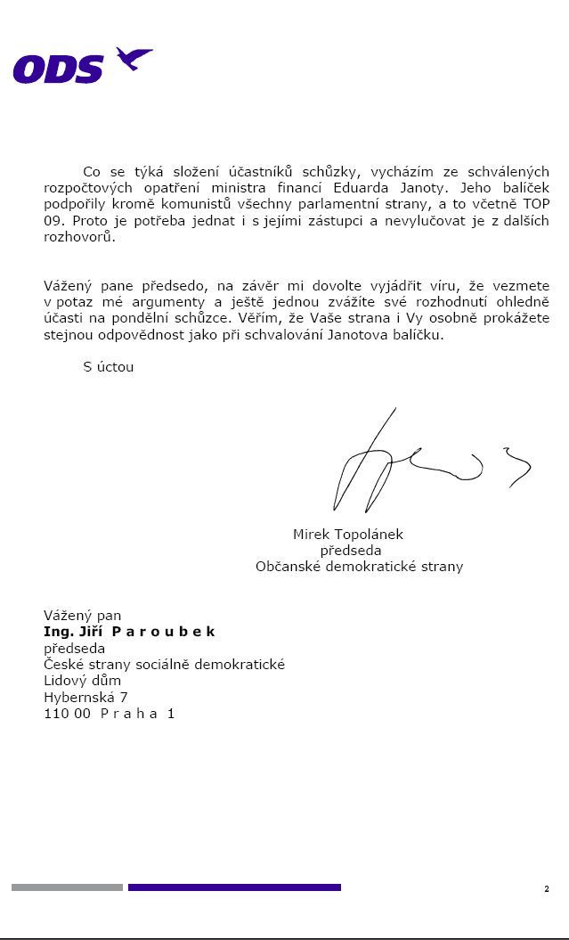 Dopis Mirka Topolánka Jiřímu Paroubkovi - strana 2
