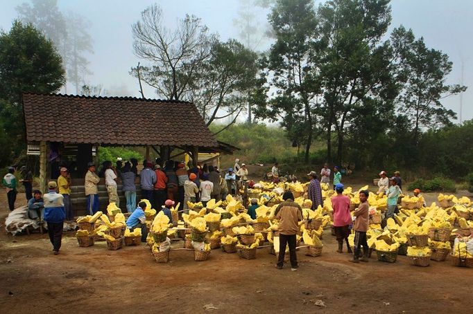 Sulfur collection base Sulfur miners in Eastern Java's famous sulfur-belching Ijen crater rely on their sheer muscle power to mine sulfur in some of the most difficult wo