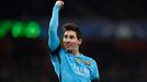 Lionel Messi celebrates scoring the second goal for Barcelona.