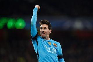 Lionel Messi celebrates scoring the second goal for Barcelona.