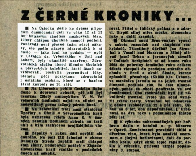 Reprofoto Černé kroniky novin Rudého Práva z pojednávající o úmrtí úmrtí dětí v Ústí nad Labem, kteří podlehli hnisavému zánětu mozkových blan. 3.10.1965