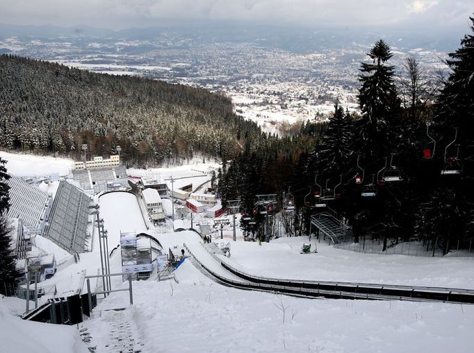 Pohled od vrcholu můstků na areál pod Ještědem a na Liberec vpravo v údolí. I tady je sněhu dost.