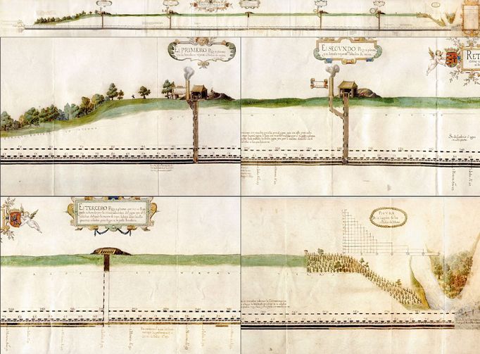 Dobový plán a výstavbu projektu Rudolfovy školy v Praze z roku 1593. Koláž s některými detailními výřezy.