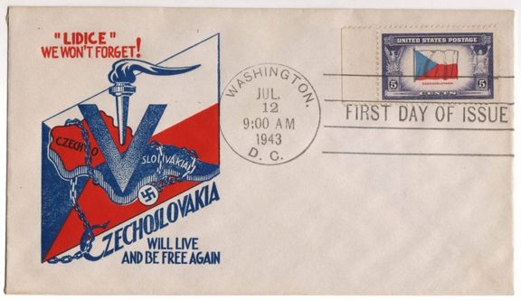 Obálka americké pošty vydaná k 1. výročí vyhlazení Lidic.
