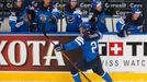 Finland's Jori Lehtera celebrates with team mates his goal against the Czech Republic during their men's ice hockey World Championship semi-final game at Minsk Arena in M