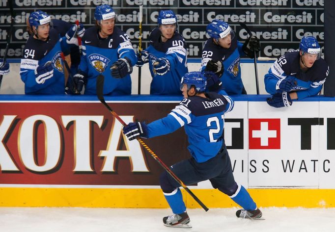 Finland's Jori Lehtera celebrates with team mates his goal against the Czech Republic during their men's ice hockey World Championship semi-final game at Minsk Arena in M