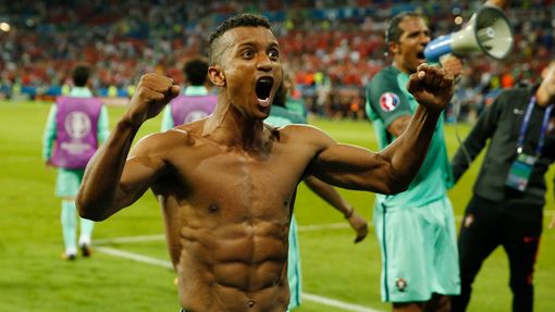 Portugal's Nani celebrates at the end of the game