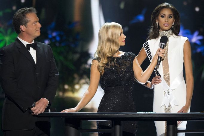 Miss Rhode Island USA Anea Garcia answers a question during the 2015 Miss USA beauty pageant in Baton Rouge, Louisiana