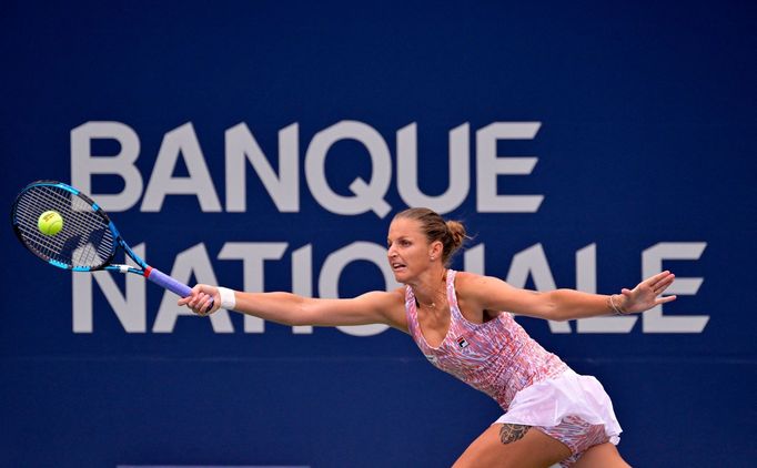 Aug 7, 2023; Montreal, Quebec, Canada; Karolina Pliskova (CZE) serves against Lin Zhu (CHN) in first round play at IGA Stadium. Mandatory Credit: Eric Bolte-USA TODAY Spo