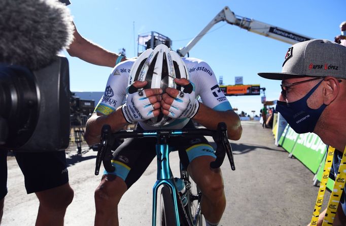 Cycling - Tour de France - Stage 6 - Le Teil to Mont Aigoual - France - September 3, 2020. Astana Pro Team rider Alexey Lutsenko of Kazakhstan reacts after winning the st