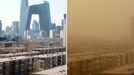 This combo shows photos of a clear day in Beijing (L) on March 17 before a sandstorm covered the capital city in yellow dust (R) on March 22, 2010. China warned people in northern areas of the country, including Beijing, to avoid going outside as a huge sandstorm continued to blanket cities in yellow dust.