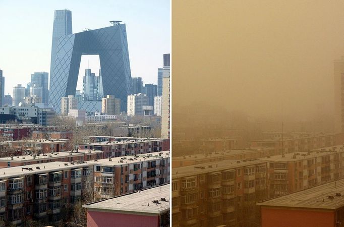 This combo shows photos of a clear day in Beijing (L) on March 17 before a sandstorm covered the capital city in yellow dust (R) on March 22, 2010. China warned people in northern areas of the country, including Beijing, to avoid going outside as a huge sandstorm continued to blanket cities in yellow dust.