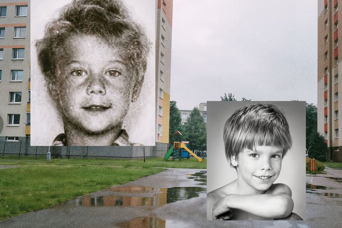 Ilustrační koláž k případu záhadného zmizení slovenského chlapce Ľuboše Bednára z roku 1988. Vpravo dole je snímek Etana Patze, který zmizel v NY v roce 1979.