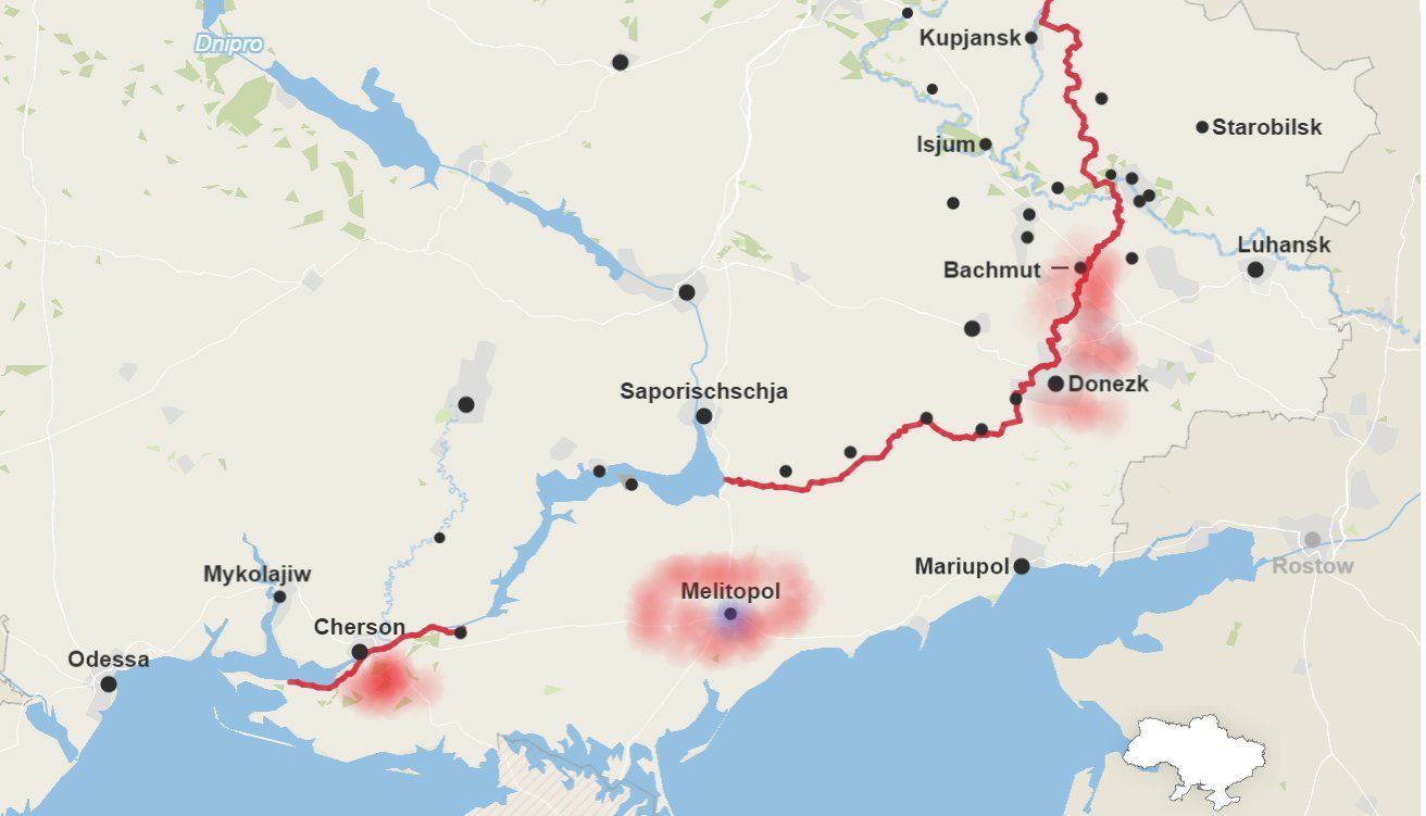 Červená čára znázorňuje současnou frontovou linii mezi ukrajinskou armádou a ruskými okupanty.