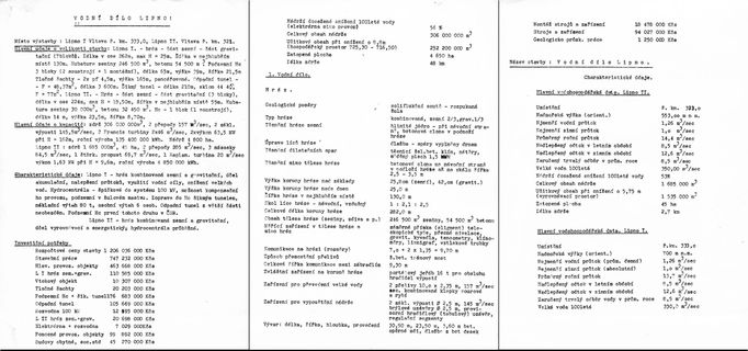 Dobové dokumenty ukazující číselné statistiky pojící se k výstavbě vodní nádrže a elektrárny Lipno. Koláž