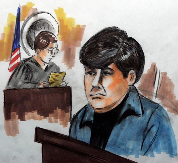 Rod Blagojevich, jak jej při jeho úvodním vystoupení před federálním soudem v Chicagu zachytil americký ilustrátor