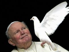 VATIKÁN 30. ledna - Papež Jan Pavel II. hledí na holubici, která prolétá kolem jeho apartmánu ve Vatikánu.