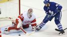 Oct 17, 2014; Toronto, Ontario, CAN; Detroit Red Wings goalie Jimmy Howard (35) stops a shot by Toronto Maple Leafs defenseman Roman Polak (46) at Air Canada Centre. The