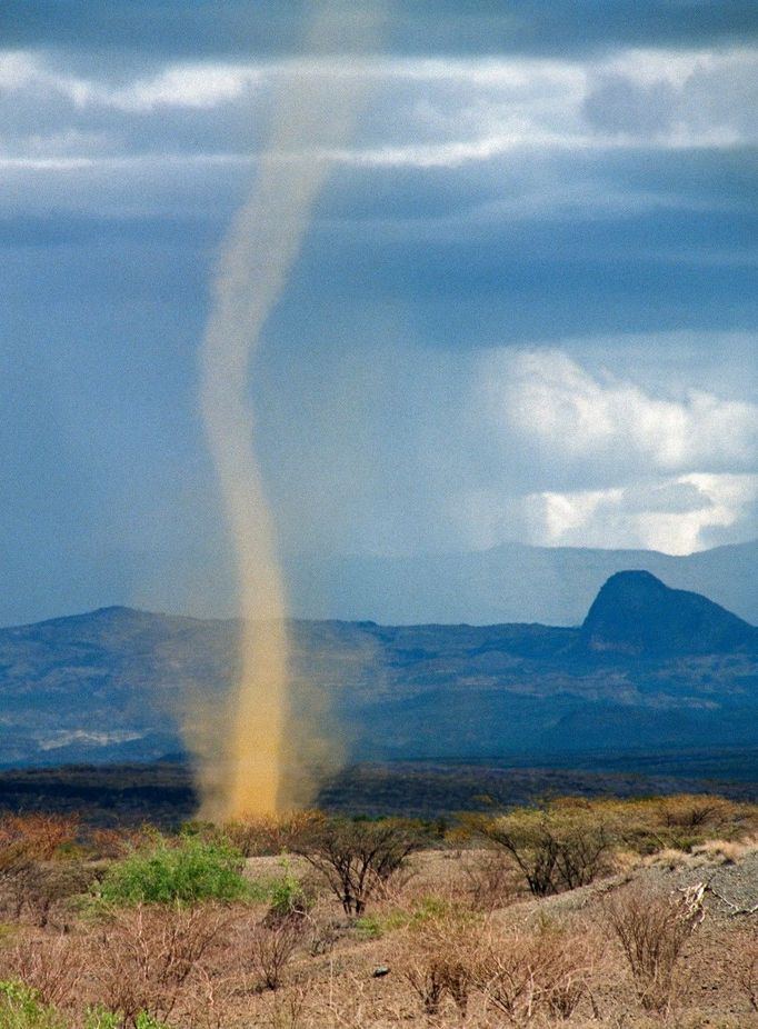 A vortex of swirling dust, known as a "dust devil", rises from the semi-arid bush country near Kaped