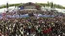 France's President and UMP party candidate for the 2012 French presidential elections Sarkozy salutes supporters at the end of a political rally on the place de la Concorde in Paris