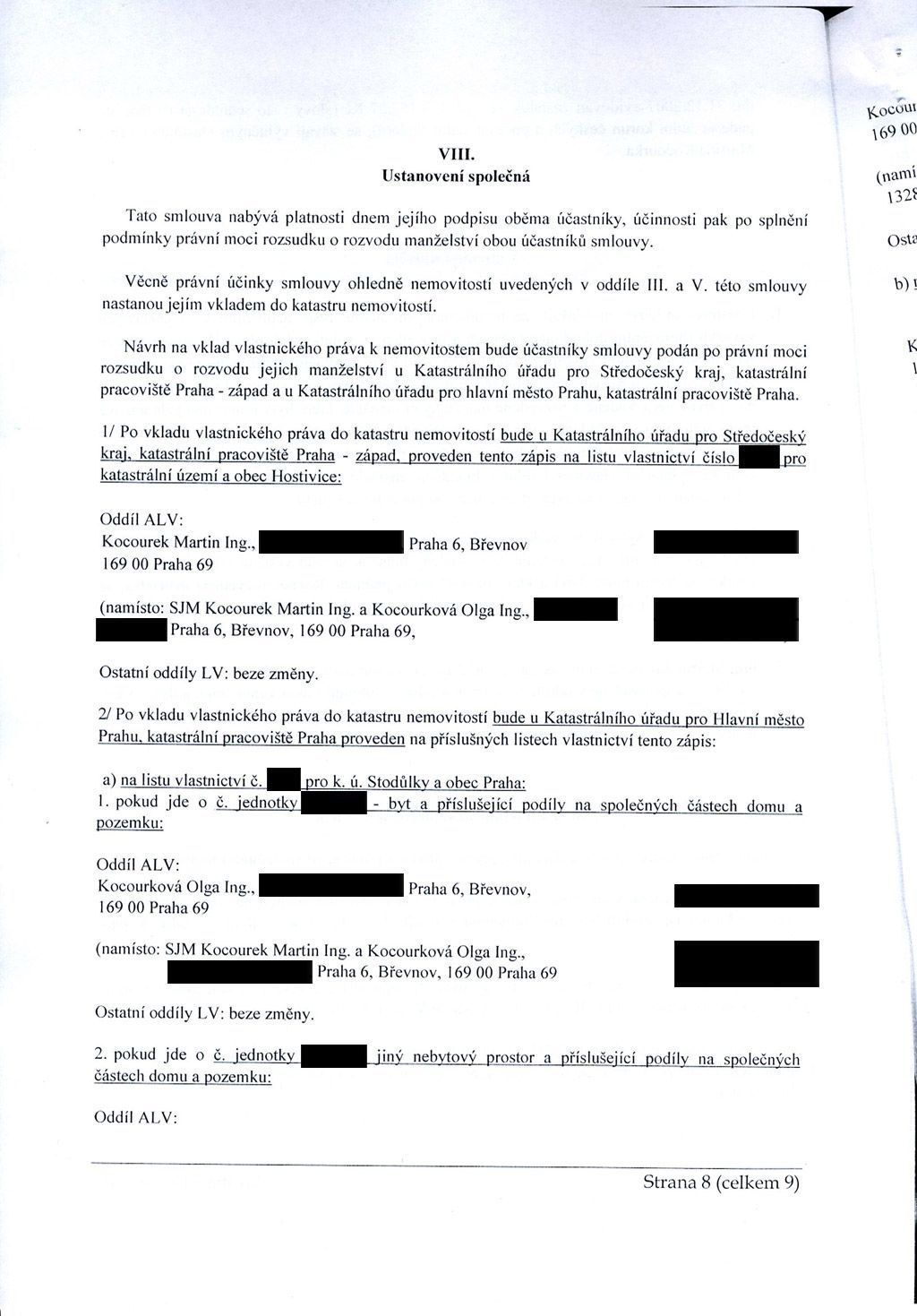Smlouva o majetkovém vyrovnání manželů Kocourkových