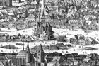 Takto mohlo náměstí vypadat na začátku sedmnáctého století. Uprostřed vidíme vyobrazení kaple Božího těla na vedutě Prahy Filipa van den Bosche. Jde o tzv. Sadelerův prospekt z roku 1606.