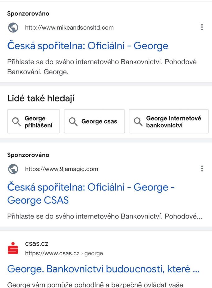 Příklad podvodných odkazů přes vyhledávač Google na internetové bankovnictví George od České spořitelny.