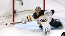 Boston Bruins goalie Tuukka Rask makes a save against the Chicago Blackhawks during the second period in Game 1 of their NHL Stanley Cup Finals hockey series in Chicago,