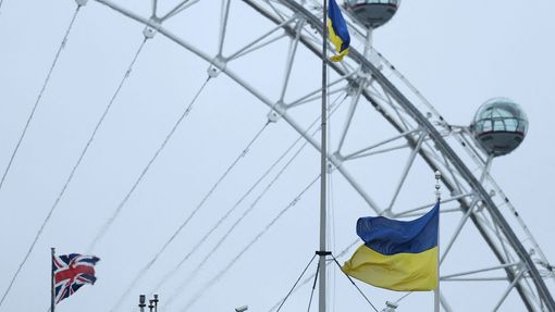 The Ukrainian national flag continues to fly from British government buildings, with the London Eye wheel seen behind, as peace discussions on Ukraine and Russia are due