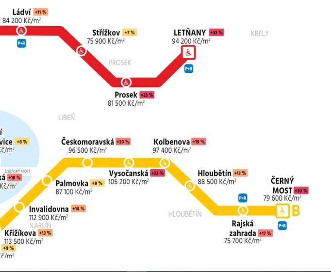 Tržní ceny bytů u jednotlivých stanic pražského metra (pro kompletní zobrazení rozklikněte)