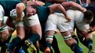 South Africa players compete in a scrum with New Zealand players during their Rugby World Cup Semi-Final match at Twickenham in London, Britain, October 24, 2015. REUTERS