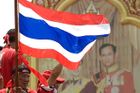 Demonstranti mávají thajskou vlajkou před portrétem královského páru
