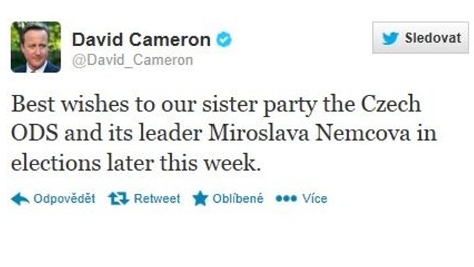 David Cameron na twitteru podpořil ODS
