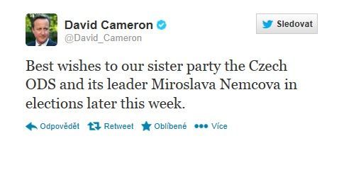 Cameron podpořil na twitteru ODS
