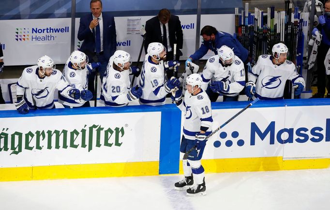 Sep 13, 2020; Edmonton, Alberta, CAN; Tampa Bay Lightning left wing Ondrej Palat (18) celebrates with the bench after scoring a goal against the New York Islanders in the