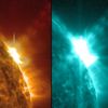 Profiled Blast An X1.6 flare (in the largest category) erupted (Jan. 27, 2012) along with a coronal mass ejection from the same active region that sent a cloud of particles towards Earth a few days earlier. Since the active region had rotated to the edge of the Sun, the eruption was observed nicely in profile. These images show a combination of two extreme ultraviolet imagers from SDO (AIA 171 (left) and AIA 131 (right)). The impact of high-energy particles can be seen more clearly from SOHO's coronagraph here: http://soho.nascom.nasa.gov/pickoftheweek/old/03feb2012/ Earth experienced an S-1 radiation storm caused by the protons that must have originated in the northern latitudes but from an area that faced more towards Earth. The bright coils that emerge after the flare are called post coronal loops wherein the region's magnetic field is reorganizing itself.