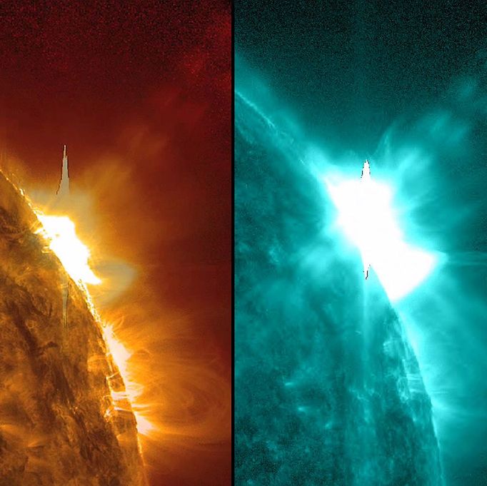 Profiled Blast An X1.6 flare (in the largest category) erupted (Jan. 27, 2012) along with a coronal mass ejection from the same active region that sent a cloud of particles towards Earth a few days earlier. Since the active region had rotated to the edge of the Sun, the eruption was observed nicely in profile. These images show a combination of two extreme ultraviolet imagers from SDO (AIA 171 (left) and AIA 131 (right)). The impact of high-energy particles can be seen more clearly from SOHO's coronagraph here: http://soho.nascom.nasa.gov/pickoftheweek/old/03feb2012/ Earth experienced an S-1 radiation storm caused by the protons that must have originated in the northern latitudes but from an area that faced more towards Earth. The bright coils that emerge after the flare are called post coronal loops wherein the region's magnetic field is reorganizing itself.