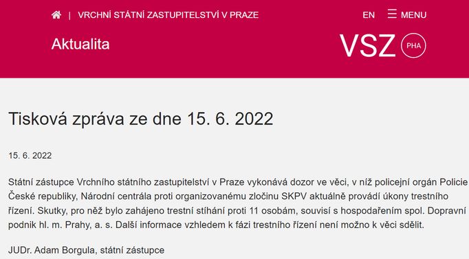 Vrchní státní zastupitelství v Praze informuje o zahájení stíhání v korupční kauze kolem Petra Hlubučka (STAN).