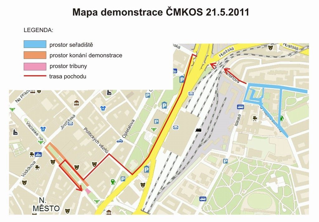 Demonstrace odborů - mapa pochodu