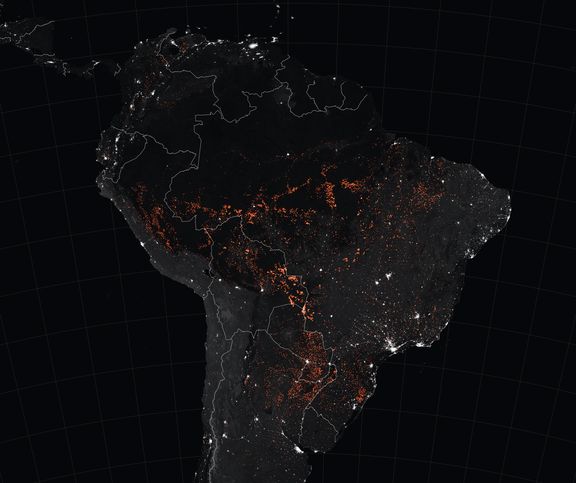 Mapa všech požáru v Amazonii ve dnech 15 až 22 srpna 2019, které zachytila družice NASA.