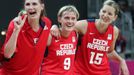 České basketbalistky Ilona Burgrová, Hana Horáková a Eva Vítečková (zleva) se radují z vítězství v utkání skupiny A s Chorvatskem na OH 2012 v Londýně.