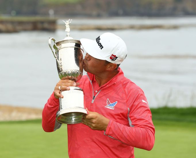 June 16, 2019; Pebble Beach, CA, USA;  Gary Woodland with the championship trophy after winning the 2019 U.S. Open golf tournament at Pebble Beach Golf Links. Mandatory C