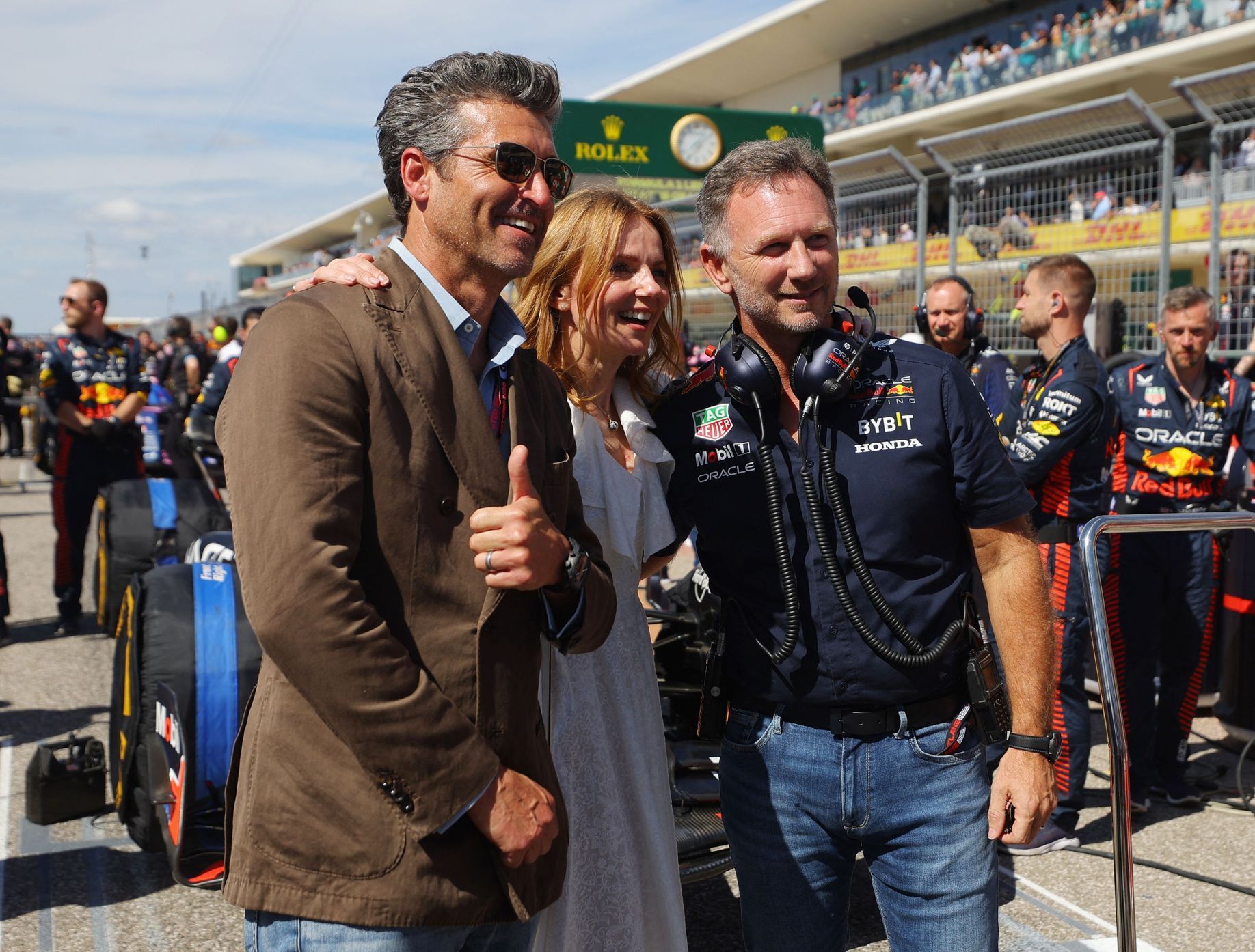 F1, VC USA 2023: Patrick Dempsey, Geri Hornerová (Halliwellová) a Christian Horner
