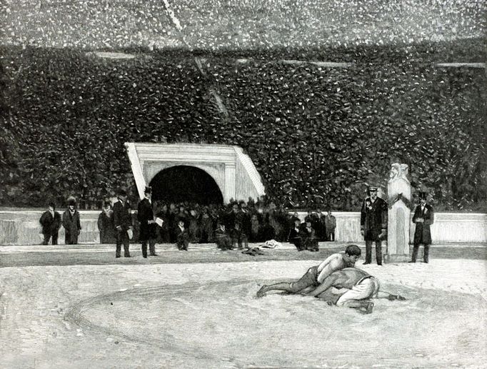 Ilustrovaný záznam řeckořímského zápasu na prvních olympijských hrách v Athénách z roku 1896. Tenkrát se zápasilo nikoliv v hale, jako tomu je dnes, ale přímo na olympijském stadiónu.