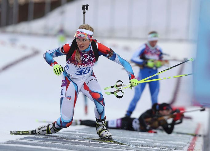 Czech Republic's Gabriela Soukalova leaves the shooting range during the women's biathlon 15km individual event at the Sochi 2014 Winter Olympic Games in Rosa Khutor Febr