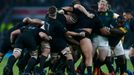 New Zealand players compete in a scrum with South Africa players during their Rugby World Cup Semi-Final match at Twickenham in London, Britain, October 24, 2015. REUTERS