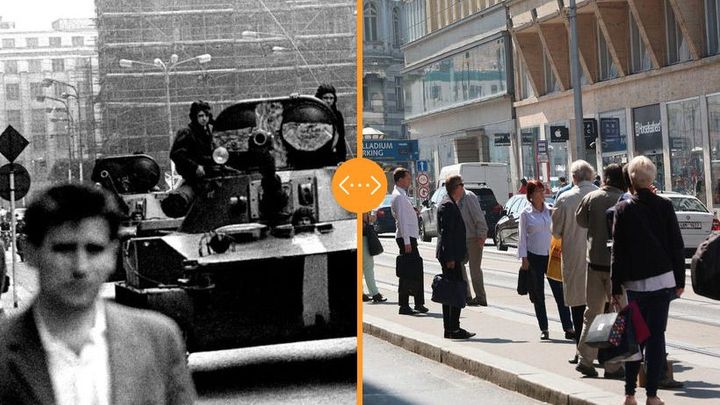 Tudy se valily tanky. Snímky pražských ulic roku 1968 a srovnání stejných míst dnes; Zdroj foto: Ludvík Hradilek