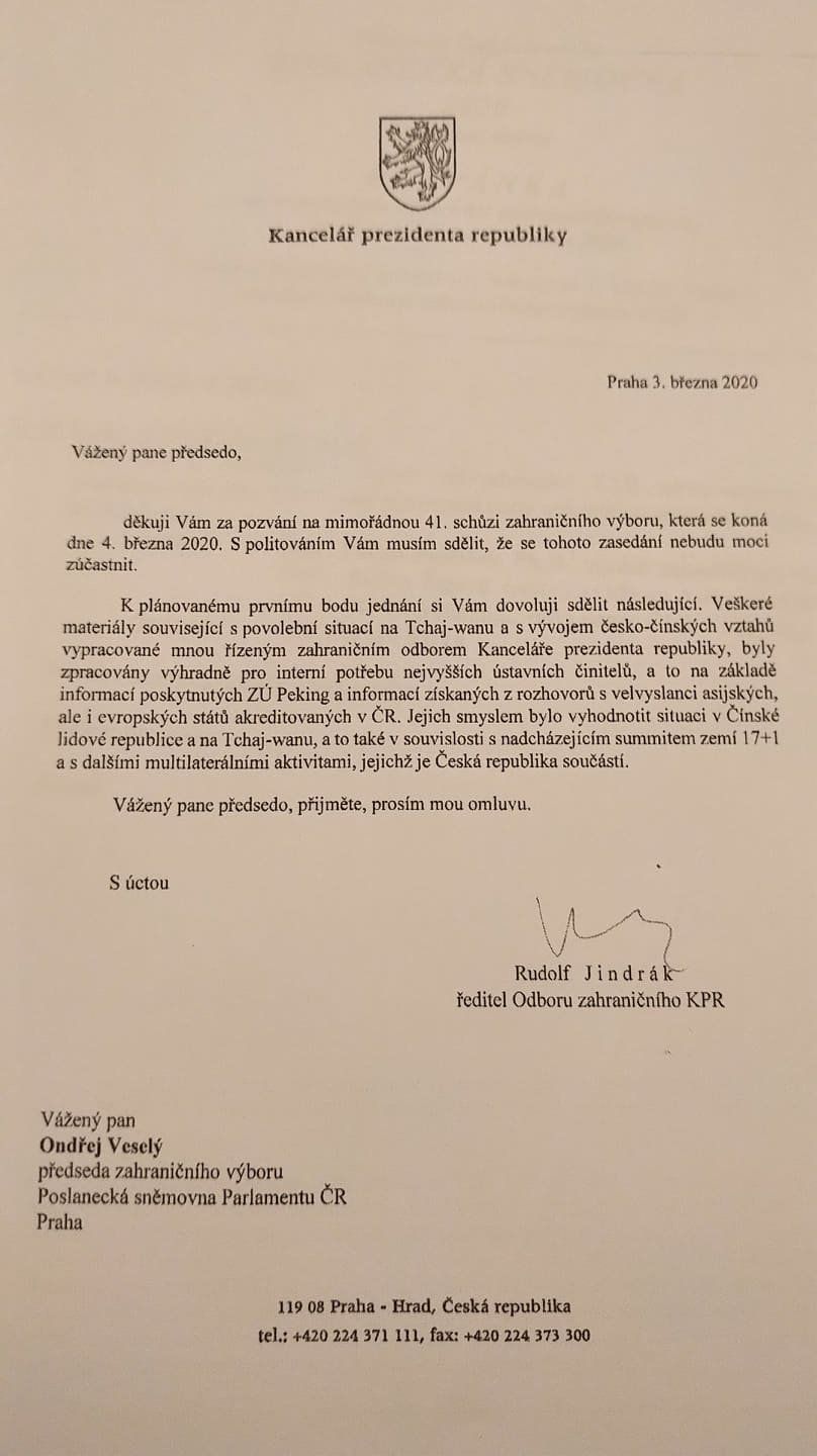 Omluva předsedy zahraničního odboru Hradu Rudolfa Jindráka