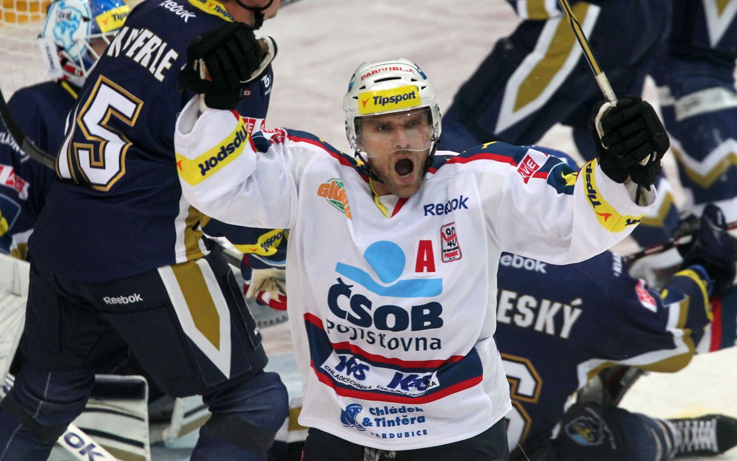 Hokejista Pardubic Radovan Somík se raduje z gólu v 5. kole Tipsport extraligy 2012/13 s Kladnem.