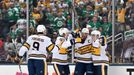 Jan 1, 2020; Dallas, TX, USA; Nashville Predators center Matt Duchene (95) celebrates with teammates after scoring a goal against the Dallas Stars during the first period